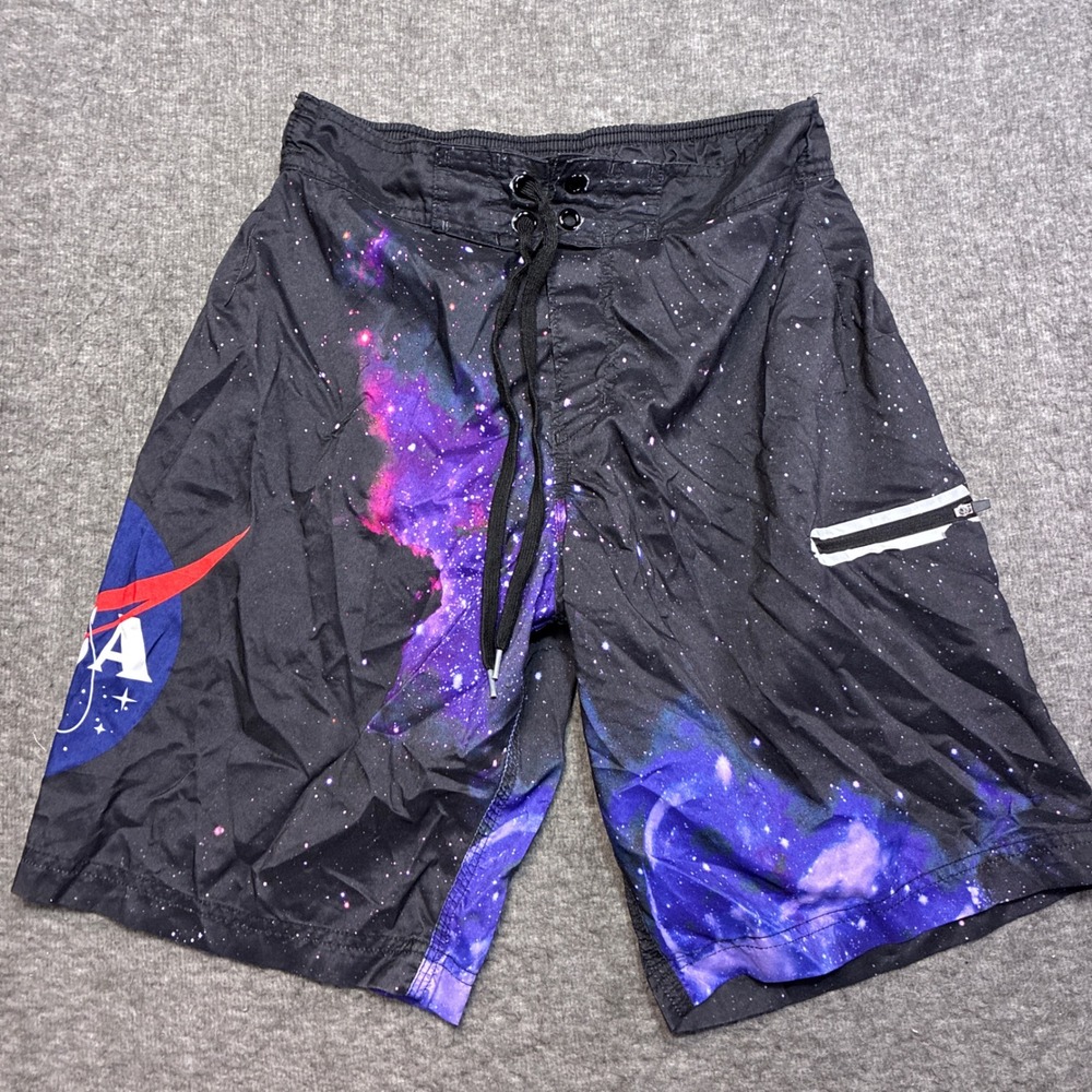 Buzz Aldrin NASA Board Shorts Mens Small Black Galaxy Space Print Swim